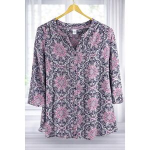 Croft & Barrow Button Up Blouse Top 1X Pintucked Pink Print 3/4 Sleeve Cotton